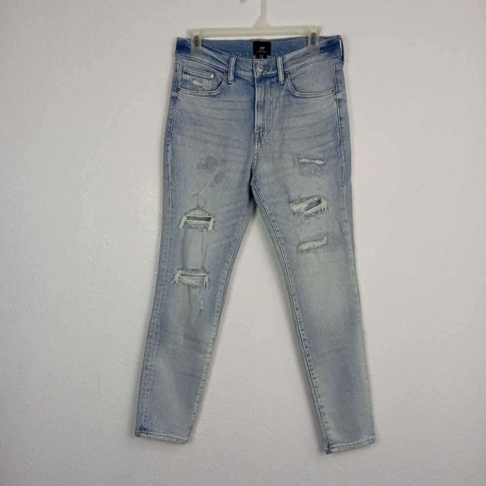 H&M Skinny Fit Distressed Jeans Womens Size 30 High Rise comfort Stretch Blue